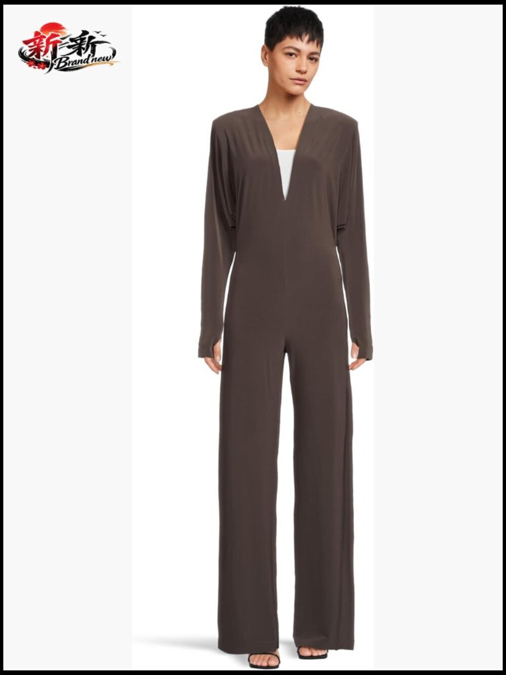 Polyester Blend Dolman V Neck Jumpsuit with Shoulder Pads